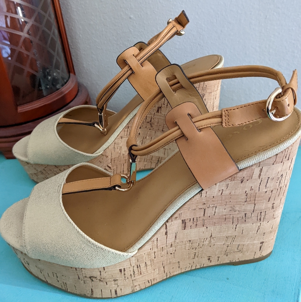 Coach Linden Natural Gold Cork Open Toe Wedge Platform Sandals Size 10